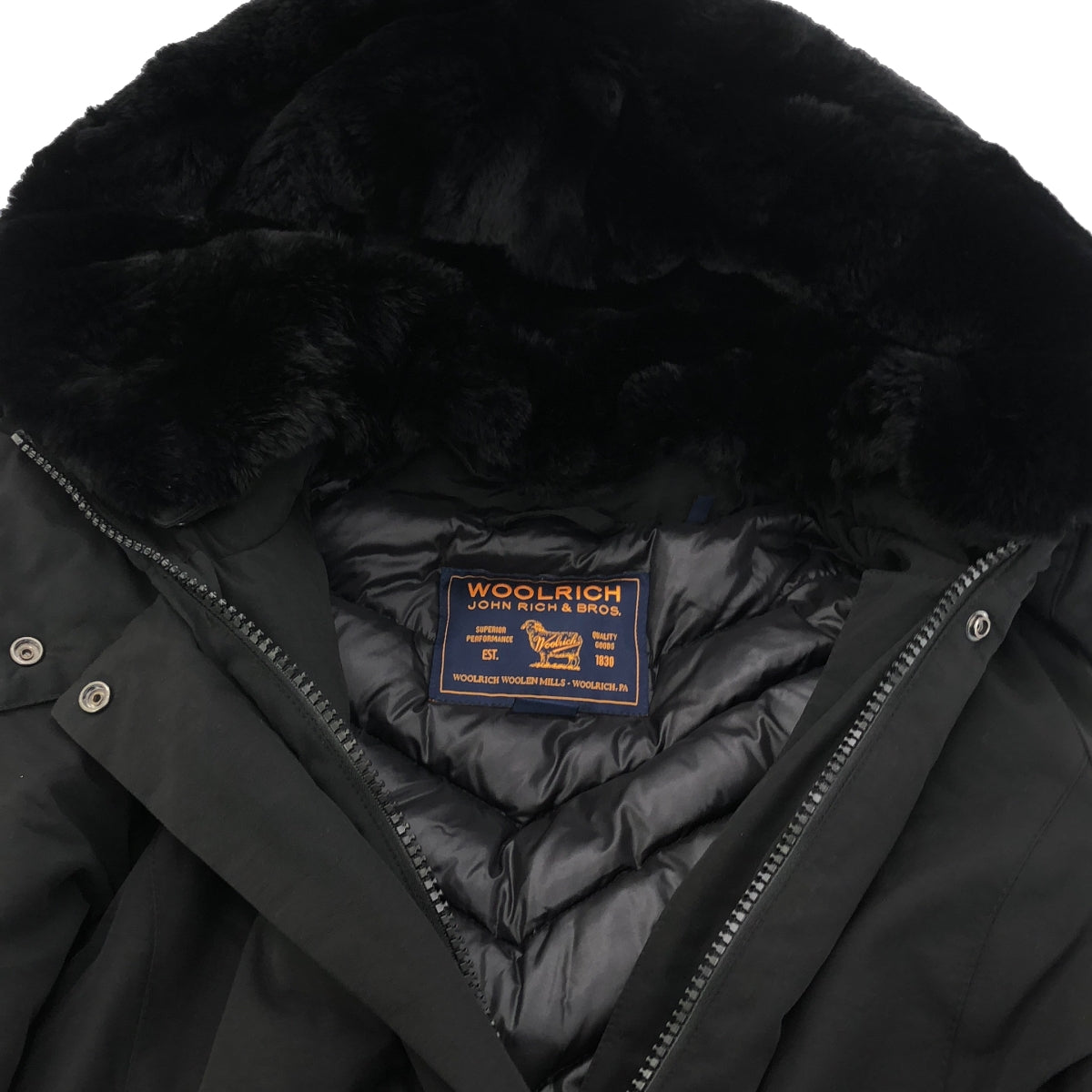 WOOLRICH / 울 리치 | BOW BRIDGE COAT 보우 브릿지 래빗 퍼 첨부 다운 코트 | XS | 블랙 | 여성