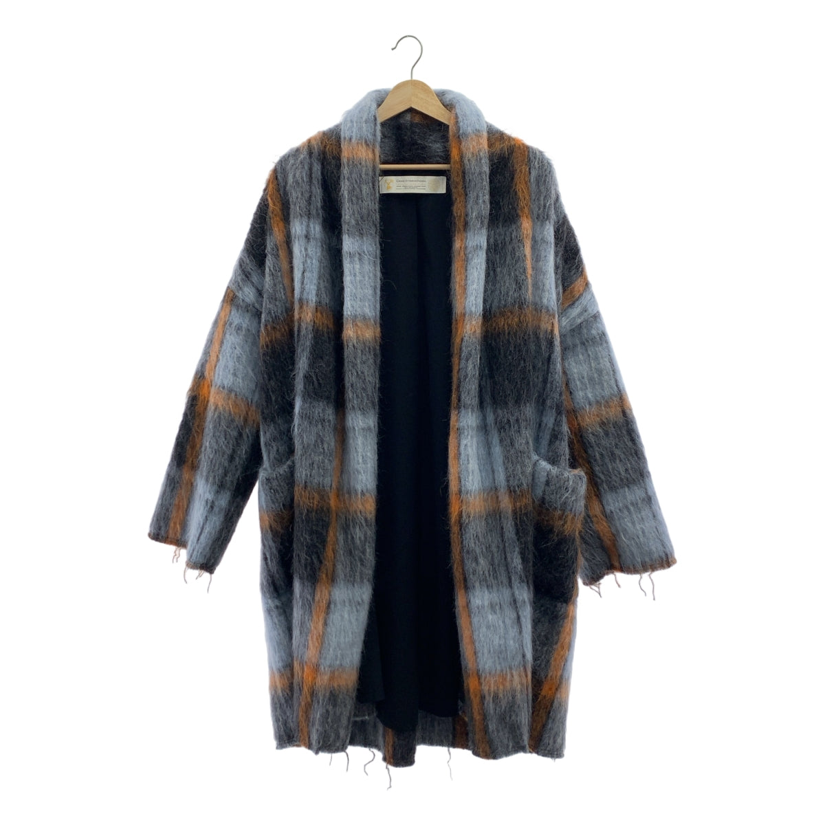 Greed International | 馬海毛格紋長袍外套 | F碼 | 藍/橙/黑 | 女款