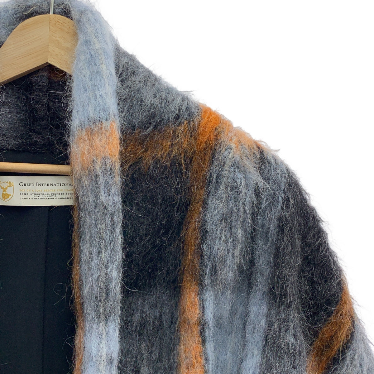 Greed International | 馬海毛格紋長袍外套 | F碼 | 藍/橙/黑 | 女款