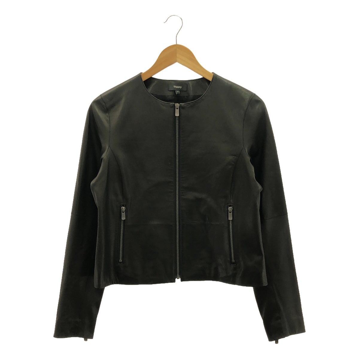 理論 |光滑皮革 FLAT CREW JKT 無領夾克 | S |黑色 |女性的