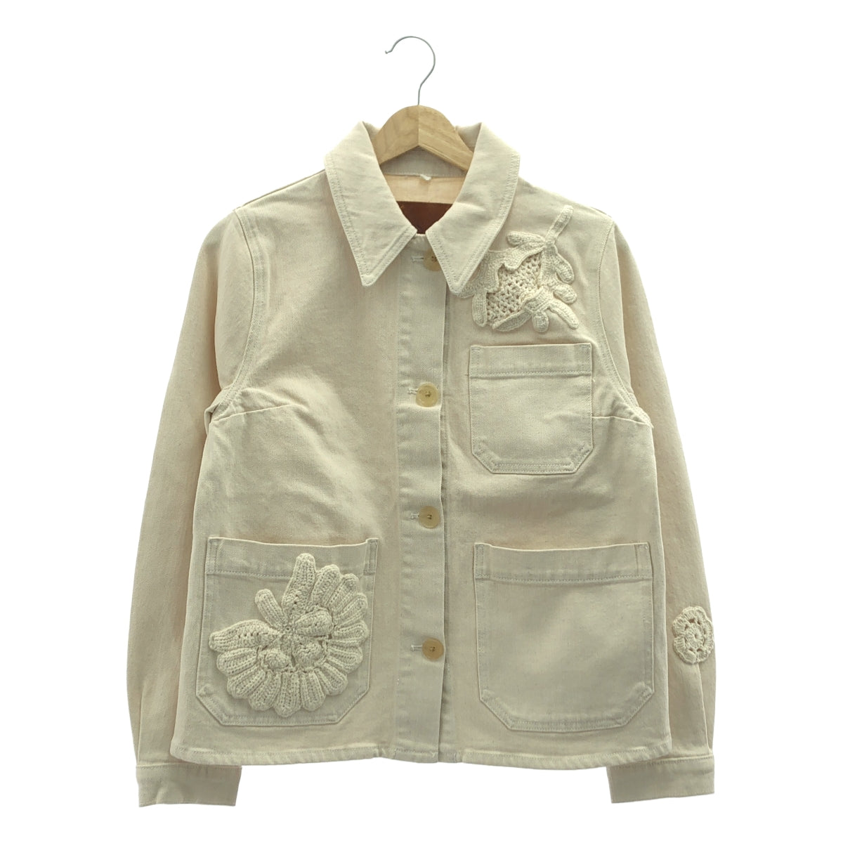 【美品】  Ssone / ソーン | RON HERMAN取扱い CROCHET APPLIQUE CRAFT DENIM JACKET クロシェット アップリケ デニム ジャケット | 8 | ECRU / エクリュ | レディース