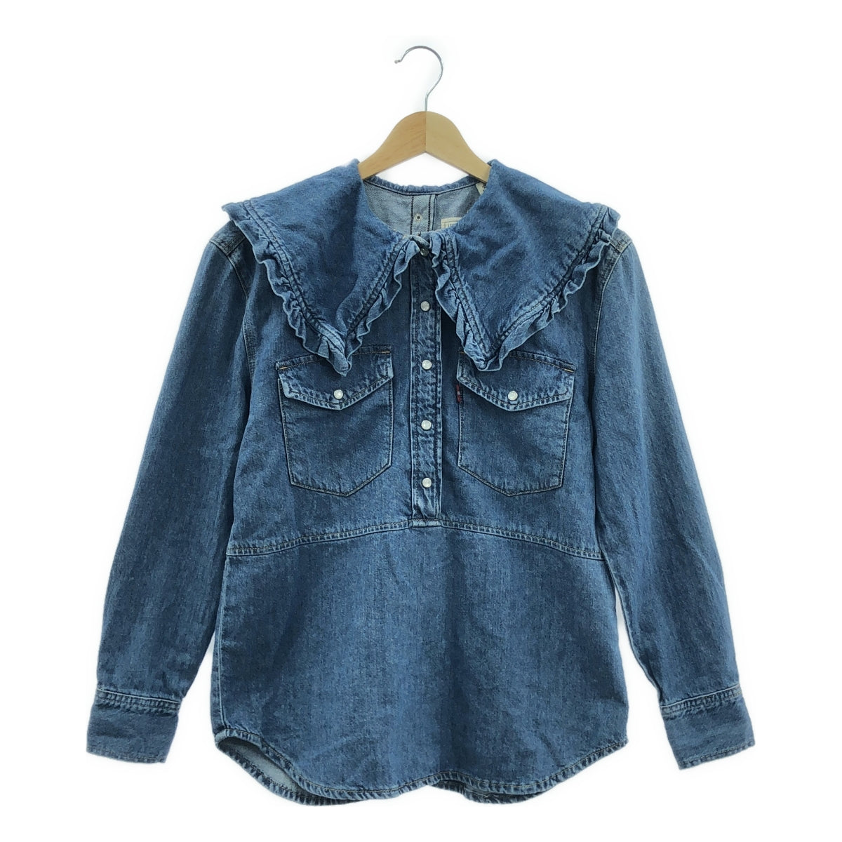 Ganni / ガニー | × Levis デニム ダメージ加工 フリルカラーシャツ | XXS | インディゴ | レディース