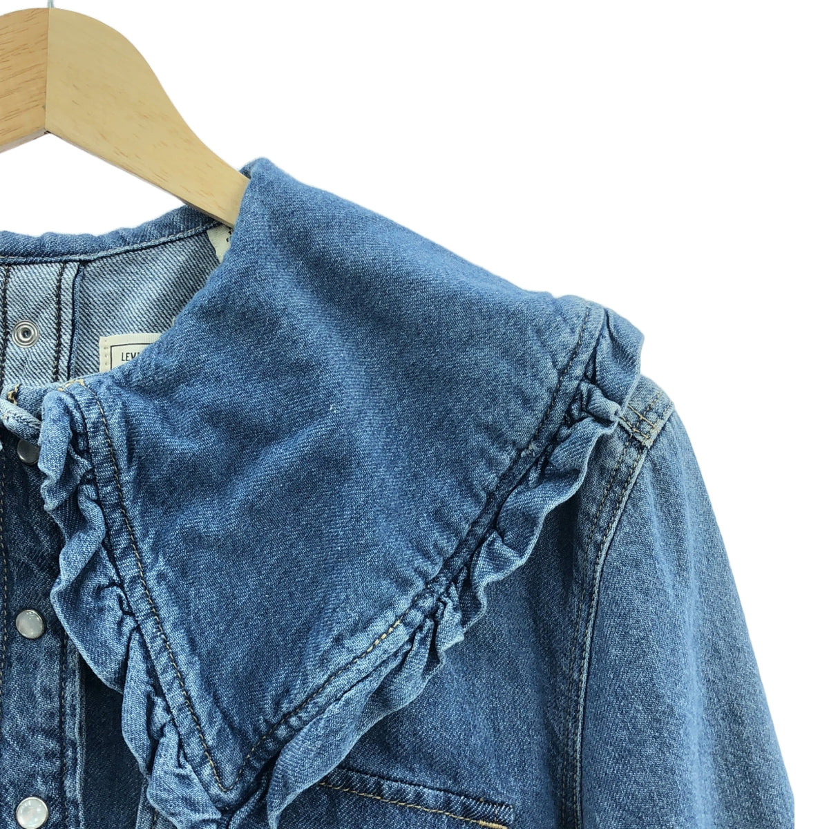 Ganni / ガニー | × Levis デニム ダメージ加工 フリルカラーシャツ | XXS | インディゴ | レディース