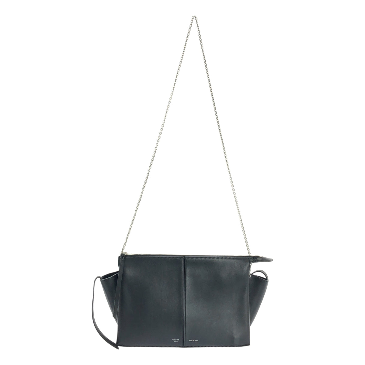 【美品】  CELINE / セリーヌ | CHAIN TRI-FOLD / トリフォルド 2way チェーンショルダー 付き レザー ロゴクラッチ バッグ | ブラック | レディース