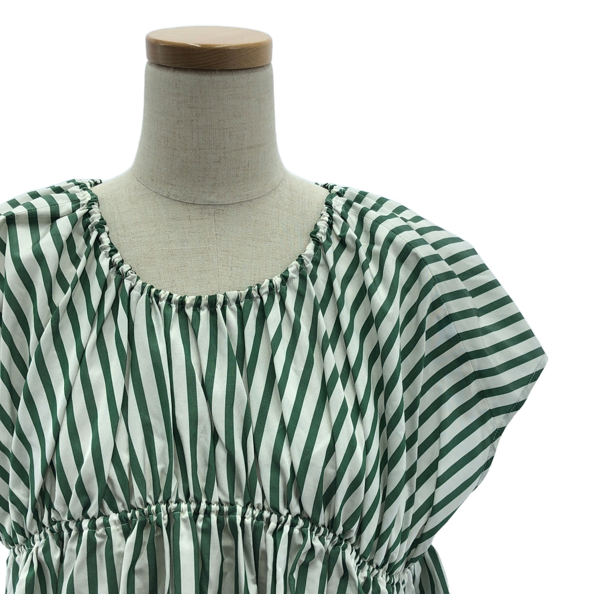 Drawer | Silk cotton green striped gathered blouse | 36 | Women's