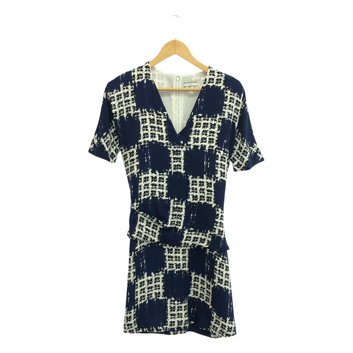 [狀況良好] 巴黎世家 | 100% 真絲 / 絲質全身印花後拉鍊連身裙 |尺寸 36 |海軍 |女性的