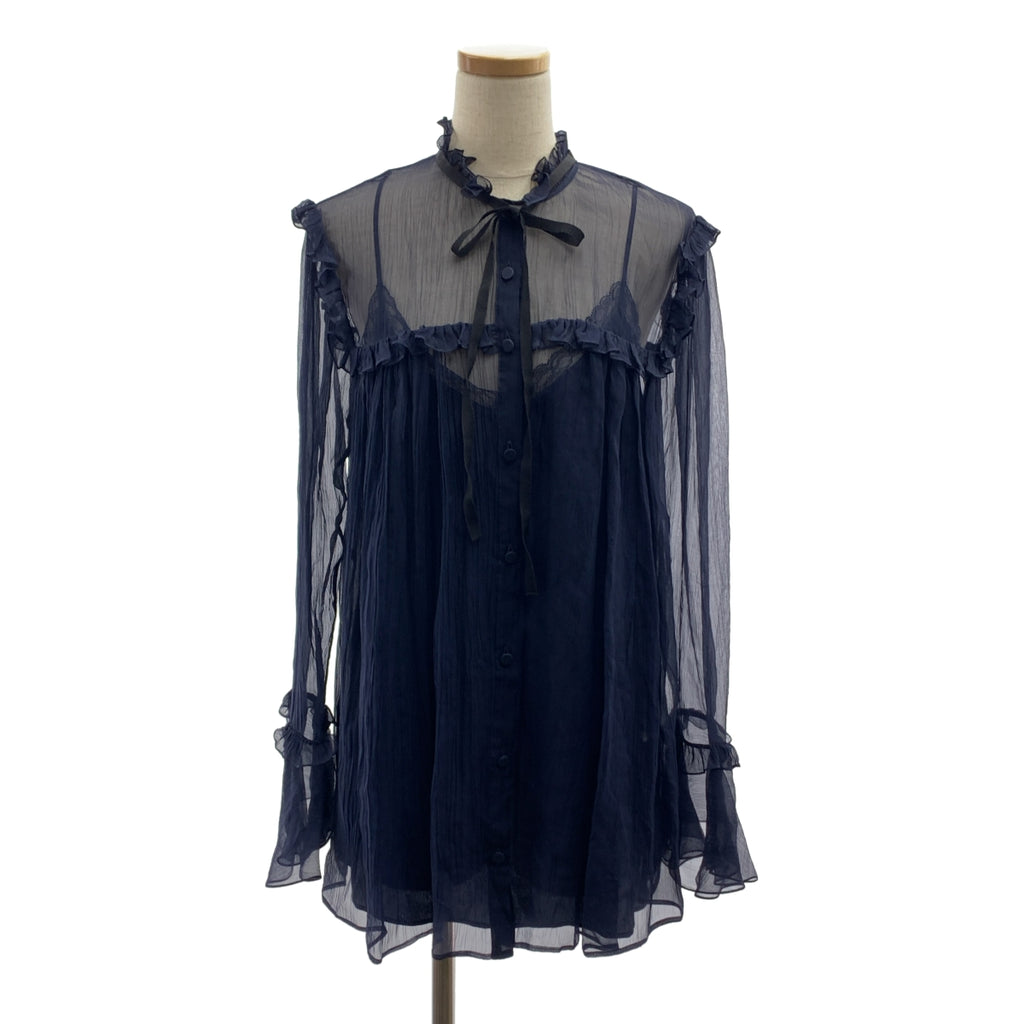 【미품】 GUCCI / 구찌 | 657801 / silk 100 % / 실크 프릴 래플 쉬폰 볼륨 셔츠 블라우스 / 이너 포함 | 42 | 다크 네이비 |
