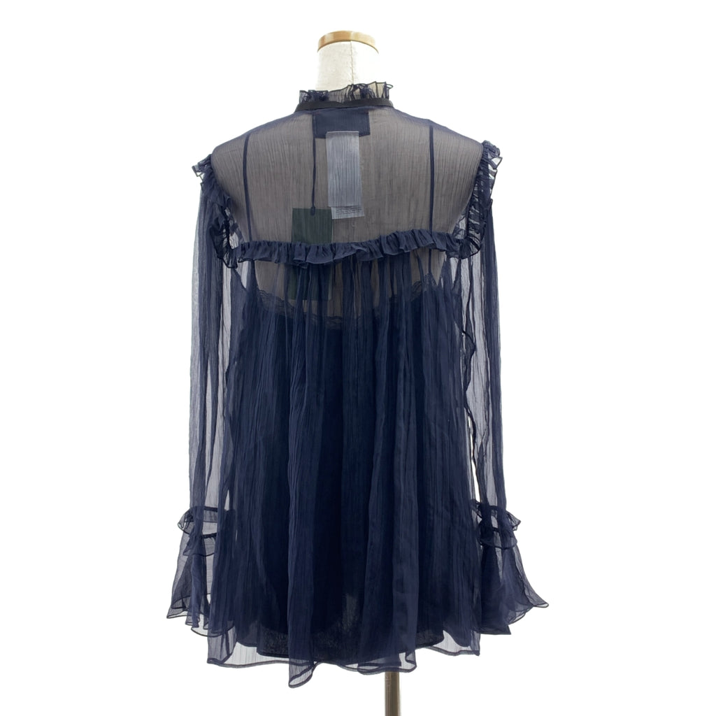 【미품】 GUCCI / 구찌 | 657801 / silk 100 % / 실크 프릴 래플 쉬폰 볼륨 셔츠 블라우스 / 이너 포함 | 42 | 다크 네이비 |