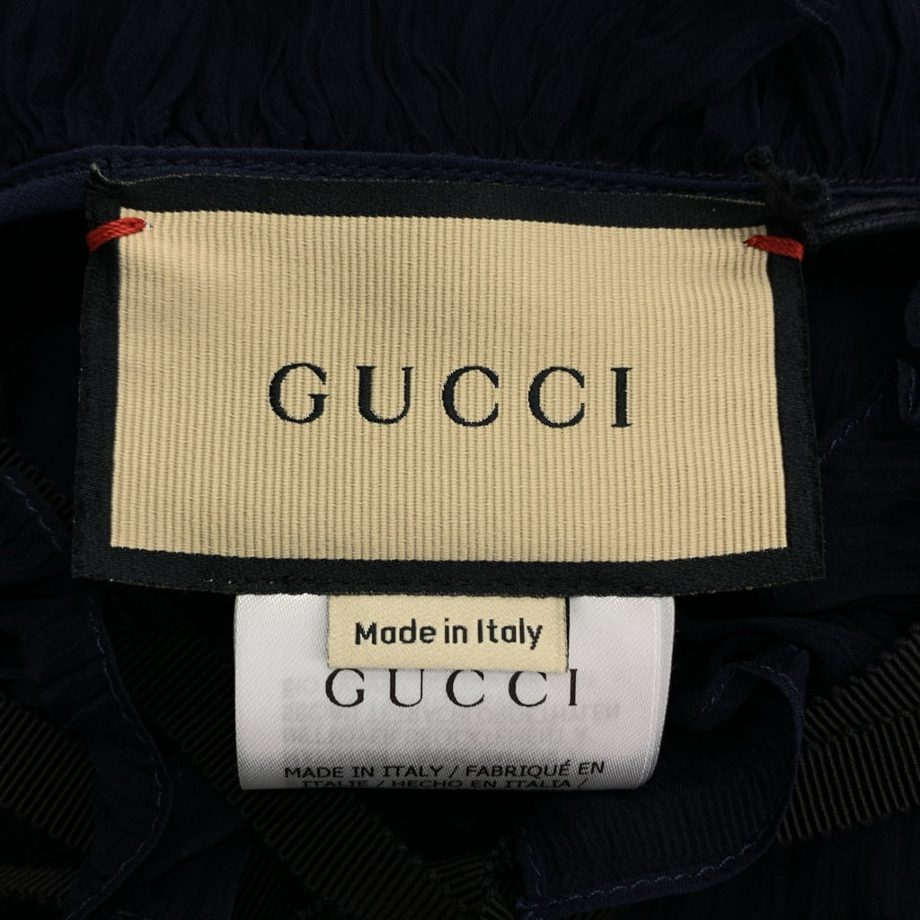 【미품】 GUCCI / 구찌 | 657801 / silk 100 % / 실크 프릴 래플 쉬폰 볼륨 셔츠 블라우스 / 이너 포함 | 42 | 다크 네이비 |