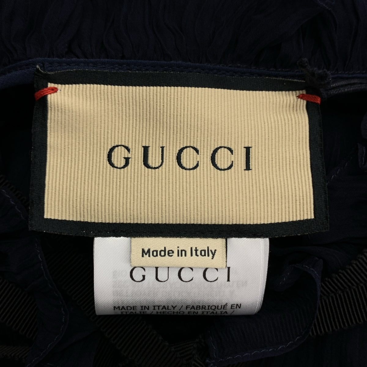 [狀況極佳] GUCCI | 657801 | 100% 絲質 | 絲質荷葉邊雪紡寬鬆襯衫 | 含內搭 | 尺寸 42 | 深海軍藍 | 女款