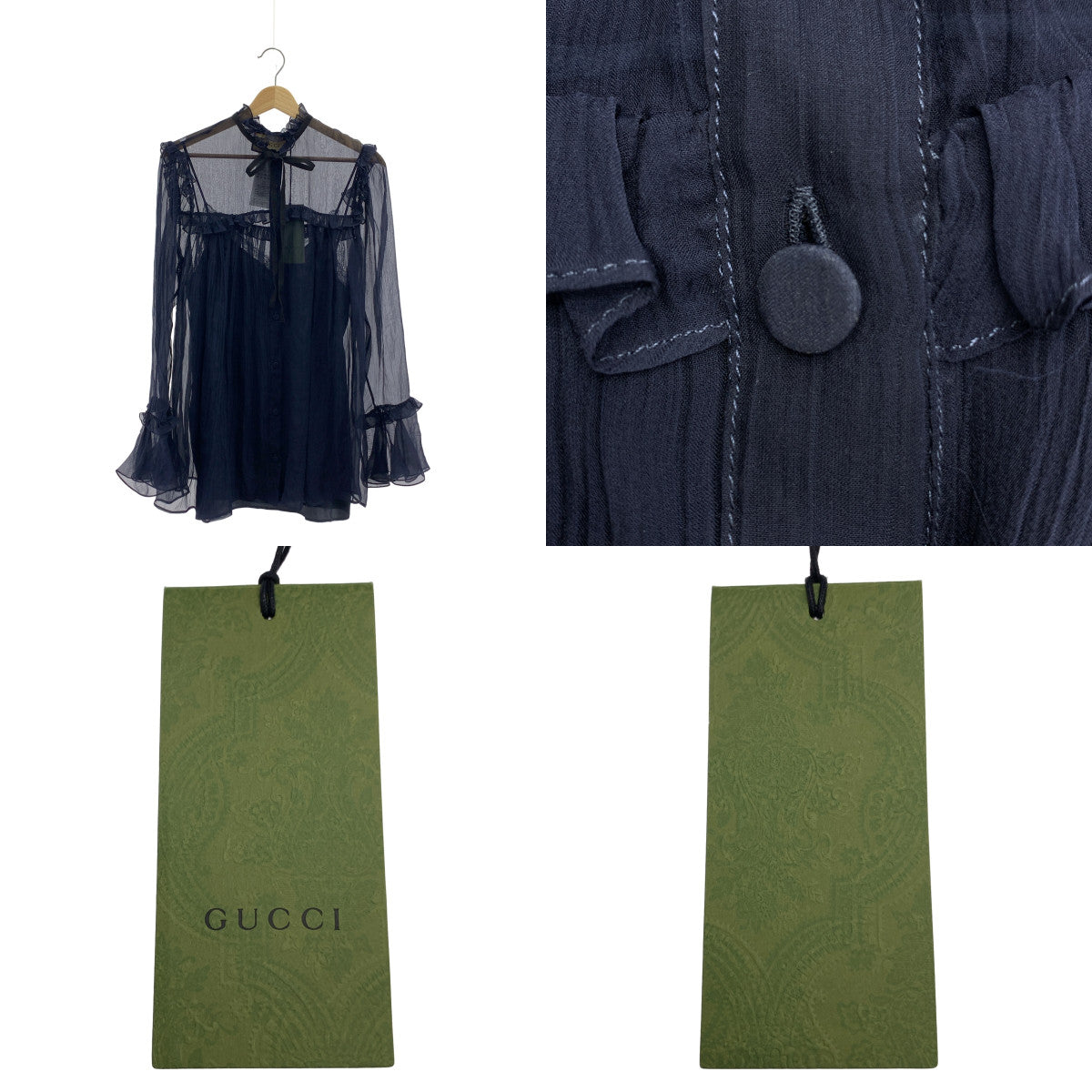 [狀況極佳] GUCCI | 657801 | 100% 絲質 | 絲質荷葉邊雪紡寬鬆襯衫 | 含內搭 | 尺寸 42 | 深海軍藍 | 女款