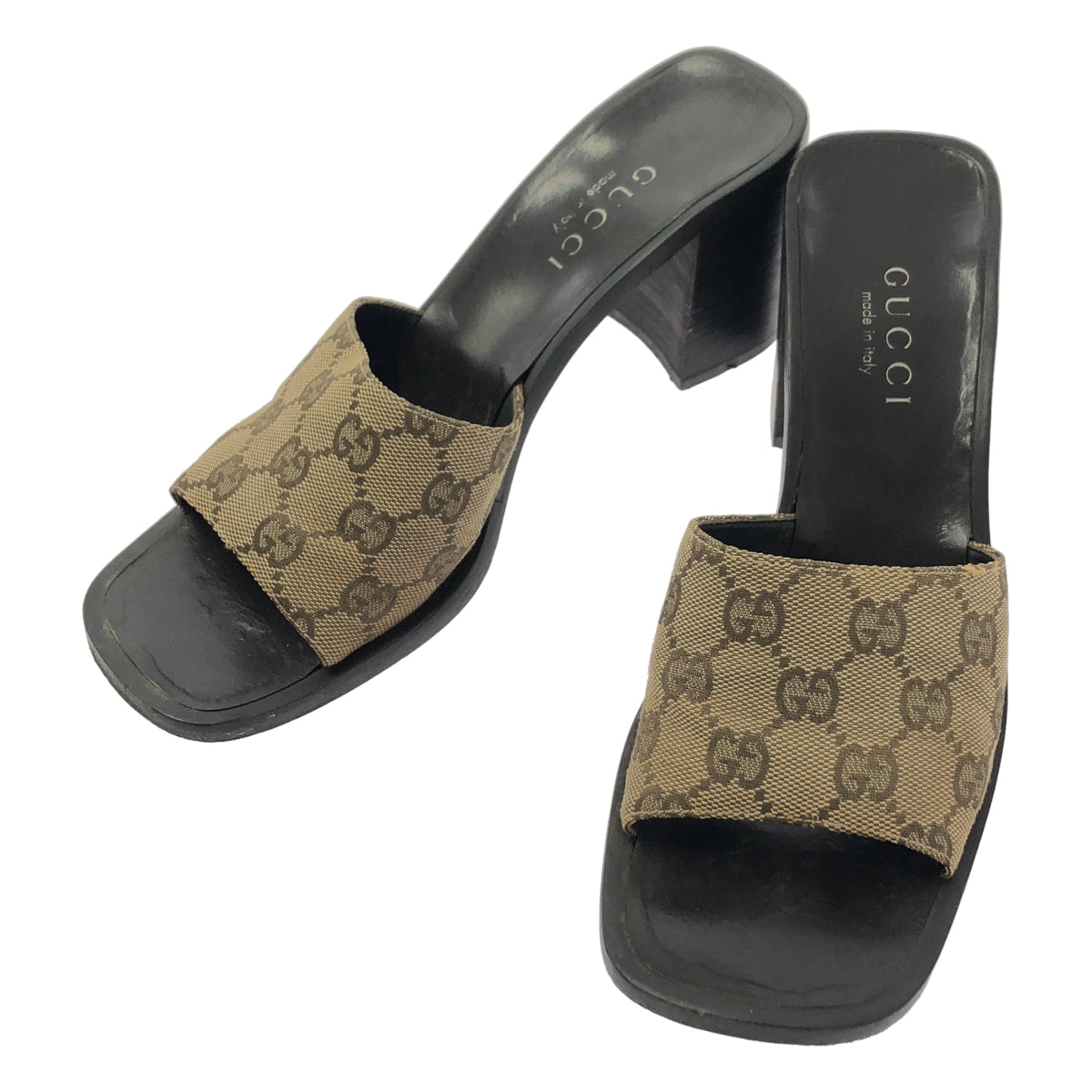 GUCCI / 구찌 | 캔버스 GG 총 무늬 청키힐 샌들 | 38 1/2 |