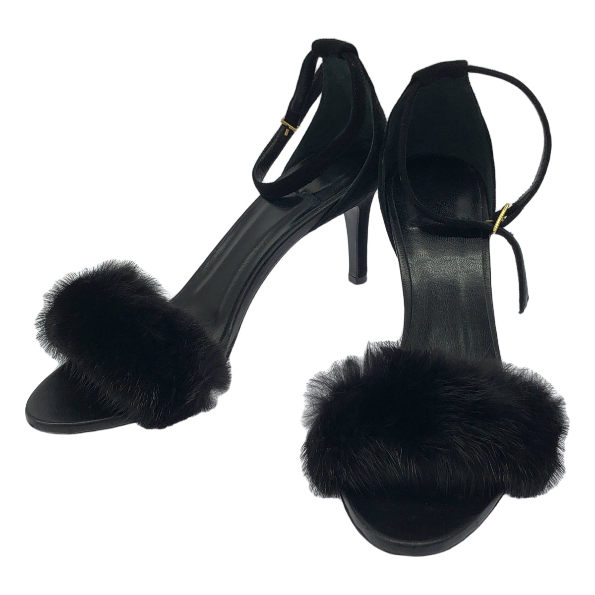 【미품】 BALDAN / 바르단 | 스웨이드 가죽 밍크 퍼 앵클 스트랩 힐 샌들 | 38 | 블랙 | 여성