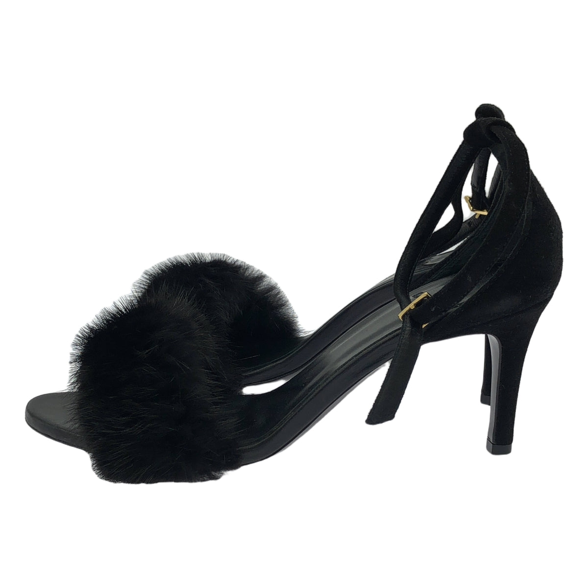 【미품】 BALDAN / 바르단 | 스웨이드 가죽 밍크 퍼 앵클 스트랩 힐 샌들 | 38 | 블랙 | 여성