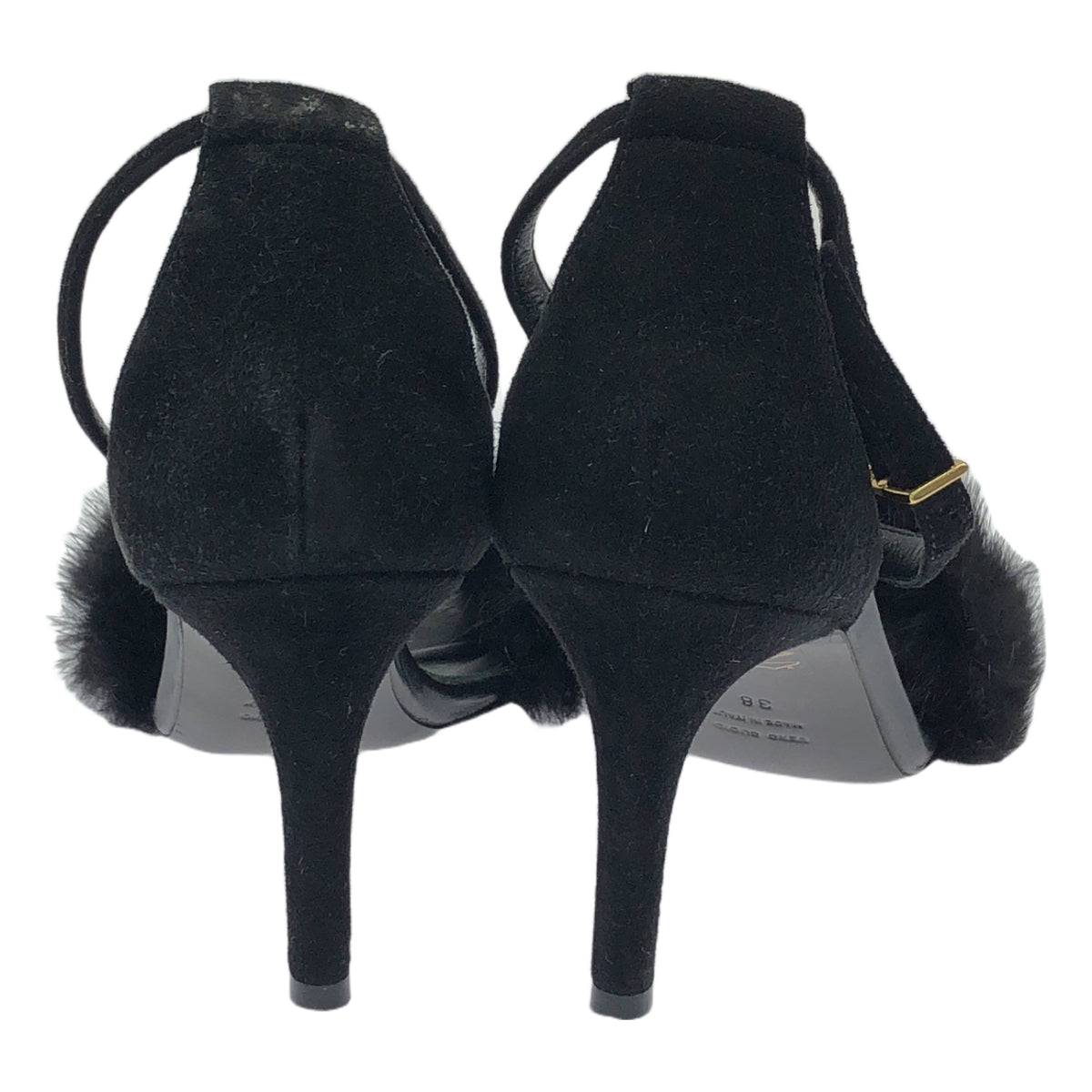 【미품】 BALDAN / 바르단 | 스웨이드 가죽 밍크 퍼 앵클 스트랩 힐 샌들 | 38 | 블랙 | 여성