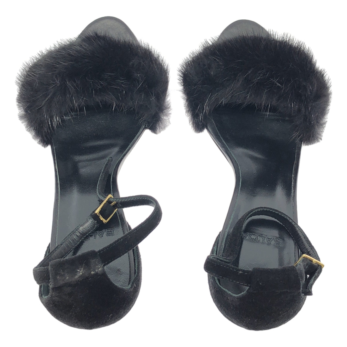 【미품】 BALDAN / 바르단 | 스웨이드 가죽 밍크 퍼 앵클 스트랩 힐 샌들 | 38 | 블랙 | 여성