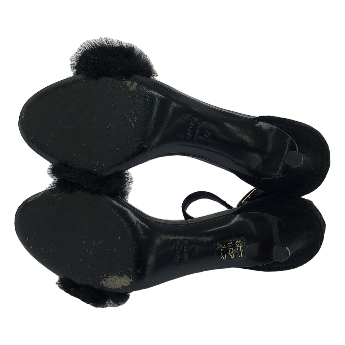 【미품】 BALDAN / 바르단 | 스웨이드 가죽 밍크 퍼 앵클 스트랩 힐 샌들 | 38 | 블랙 | 여성