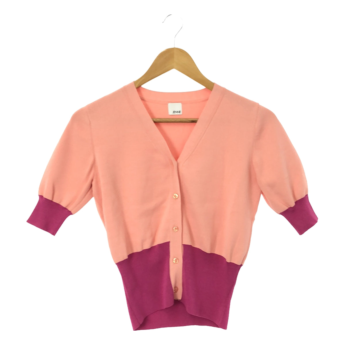 [Good Condition] JENNE | 2023SS | Color-blocked 5/8-sleeve knit cardigan | S | Pink | Women's