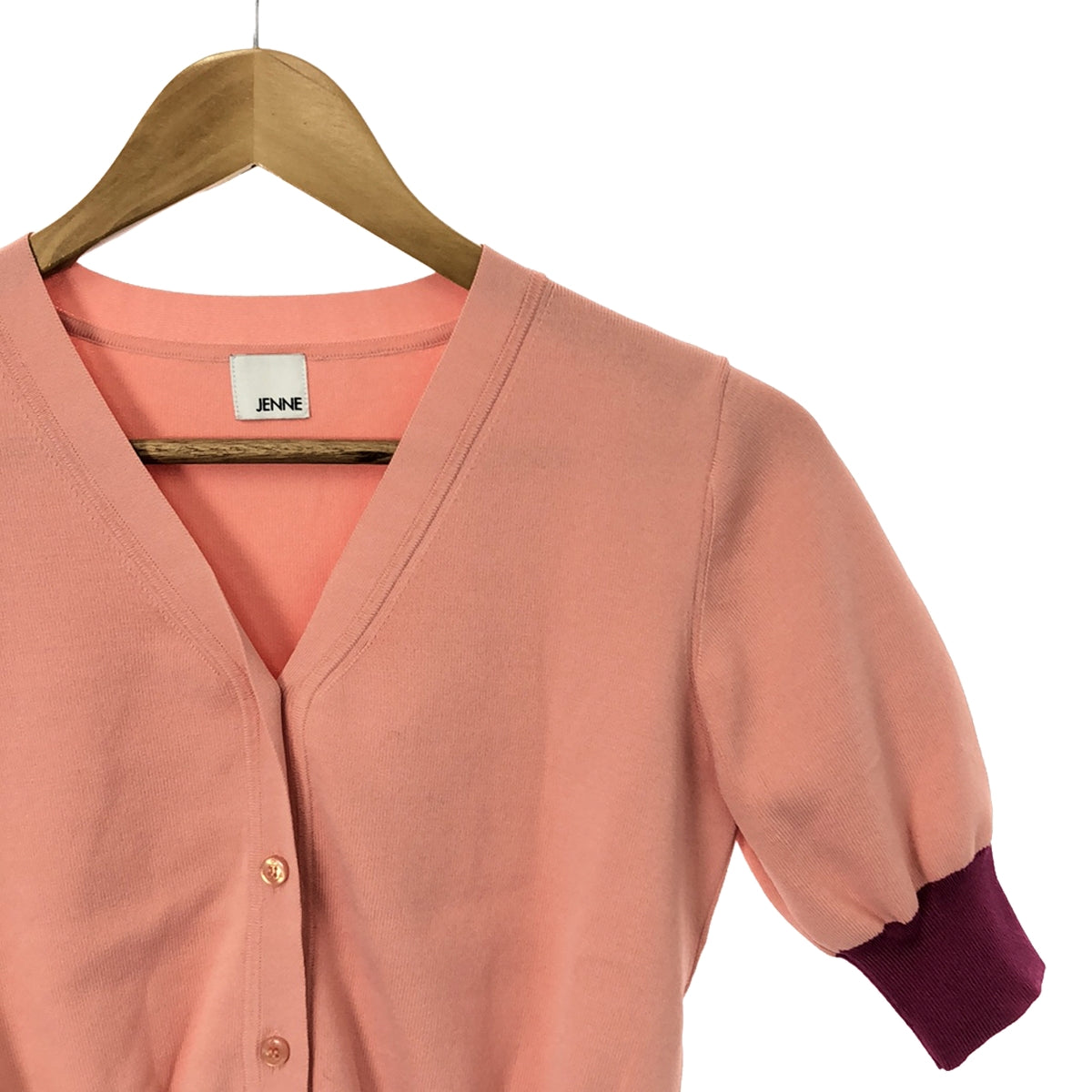 [Good Condition] JENNE | 2023SS | Color-blocked 5/8-sleeve knit cardigan | S | Pink | Women's