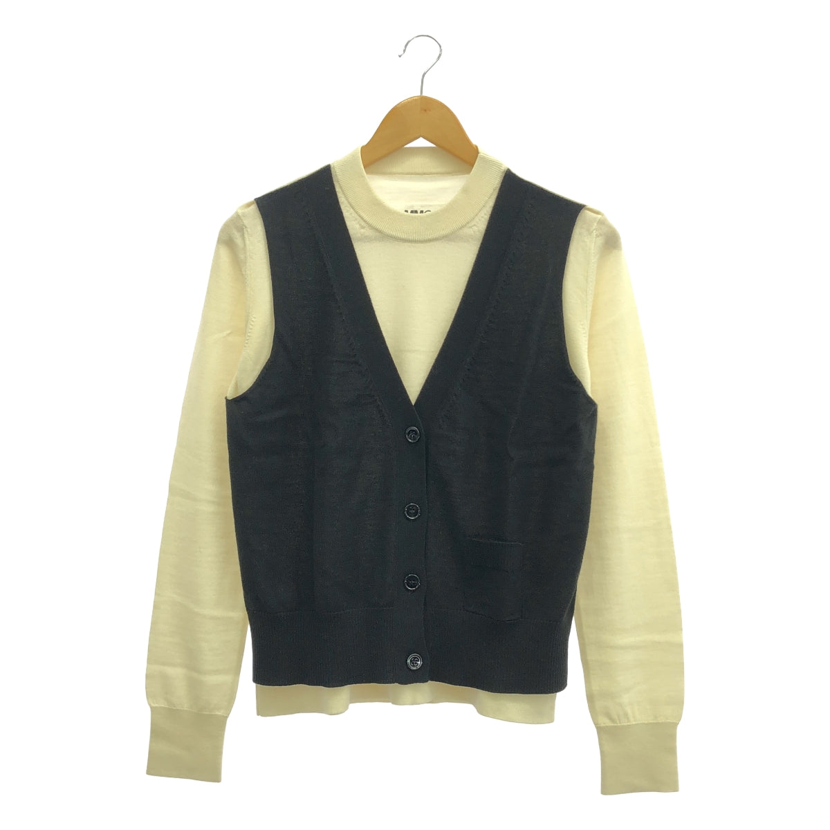 MM6 Maison Margiela / エムエムシックスメゾンマルジェラ | 2021AW | Trompe L'oeil Sweater / バイカラー クルーネックカーディガン | M | ブラック/アイボリー | レディース