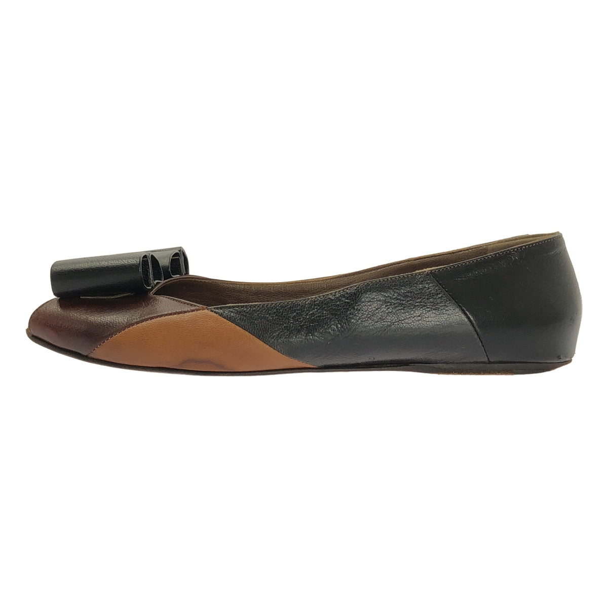 MARNI / マルニ | レザー パッチワーク リボン オープントゥ フラットパンプス | 38 | ブラック / ブラウン | レディース