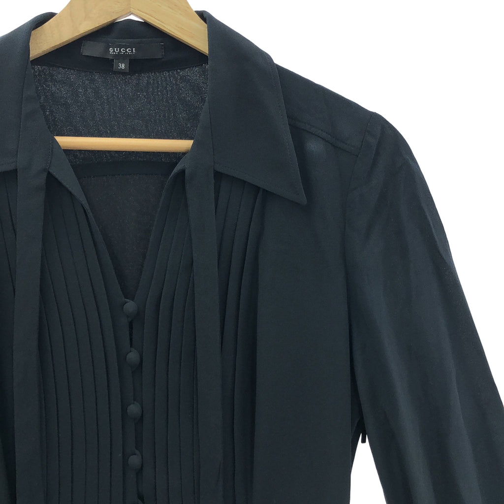 GUCCI / グッチ | リボン付カラー プリーツ シルク ワンピース | 38 | ブラック | レディース