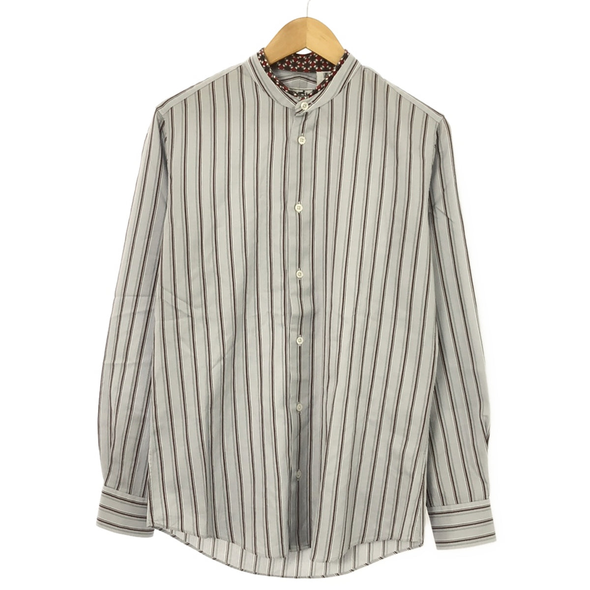 HERMES | Serie Button Silk Striped Band Collar Shirt | 39 | Grey | Men's