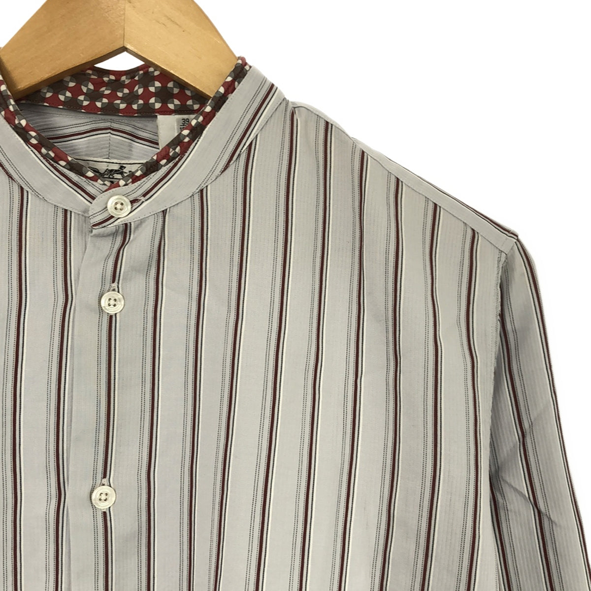 HERMES | Serie Button Silk Striped Band Collar Shirt | 39 | Grey | Men's