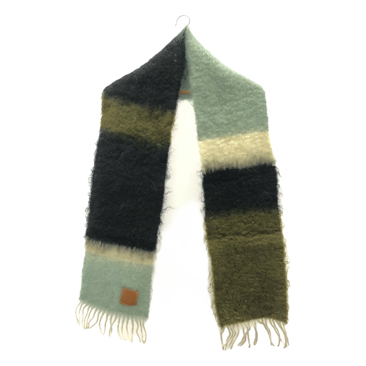 [狀況良好] LOEWE |羊毛馬海毛 Anagram 皮革貼片流蘇條紋圍巾圍巾 |多色 |女性的