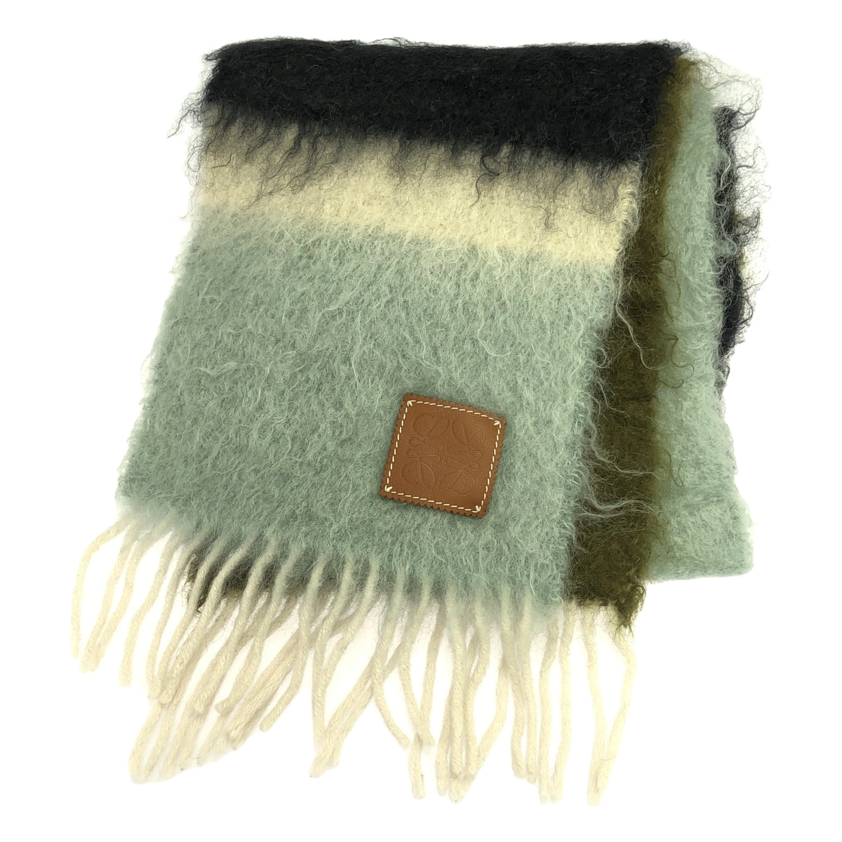 [狀況良好] LOEWE |羊毛馬海毛 Anagram 皮革貼片流蘇條紋圍巾圍巾 |多色 |女性的