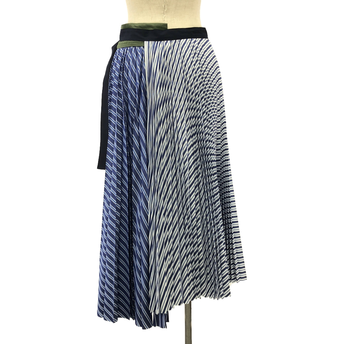 【미품】 sacai / 사카이 | Cotton Poplin Pleated Skirt 롱 스커트 | 0 | 카키 / 블루 / 화이트 | 여성