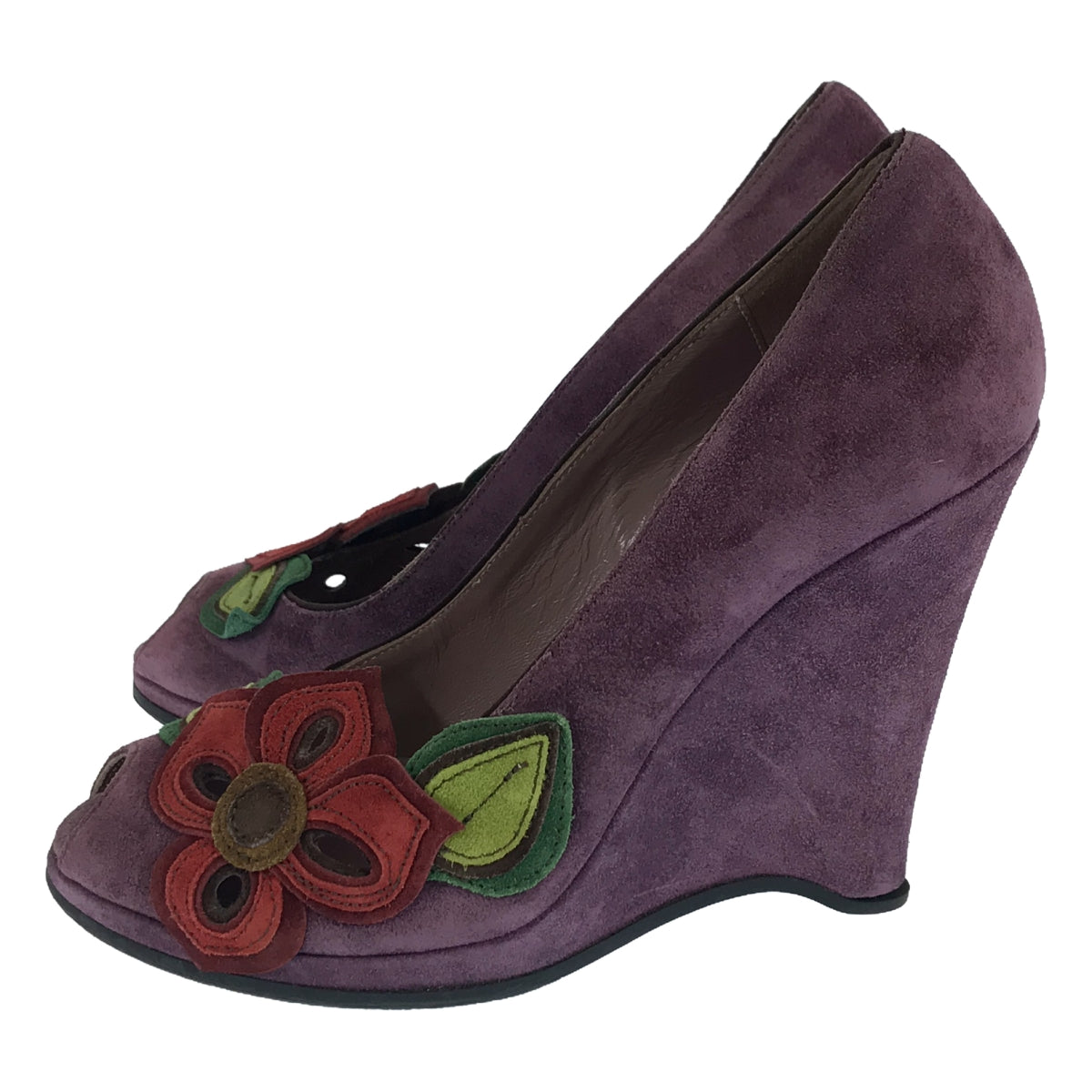 [完好狀態] miu miu |絨面革花卉圖案露趾坡跟鞋 | 37 1/2 |紫色 |女性的