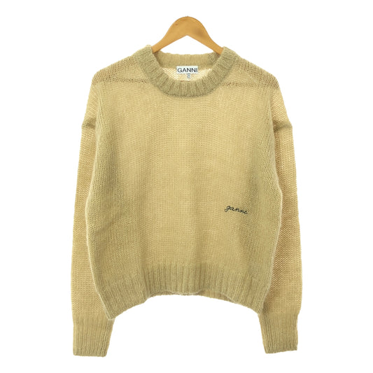 [Good Condition] Ganni | Mohair O-neck Pullover | Logo Embroidered Mohair O-neck Knit | S/M | Beige | Women's