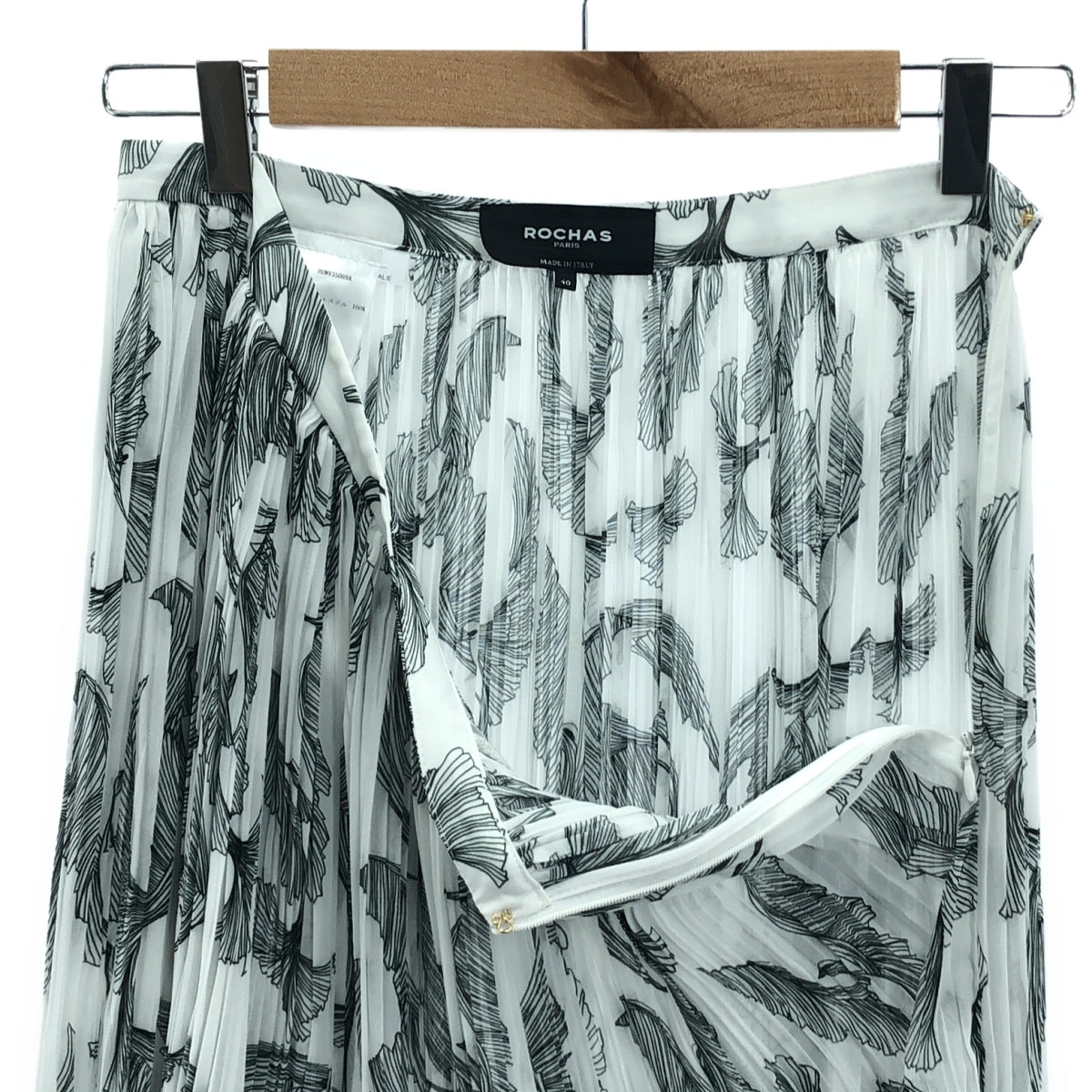 【美品】  ROCHAS / ロシャス | 総柄 サイドジップ プリーツ スカート | 40 | ホワイト/ブラック | レディース