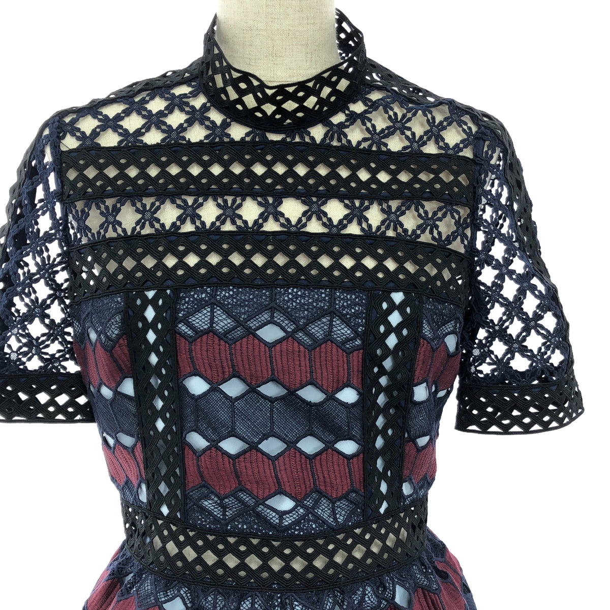 [Good Condition] Self-Portrait | Hexagon Lace Mini Dress | UK8 / US4 | Black/Bordeaux/Navy | Women's