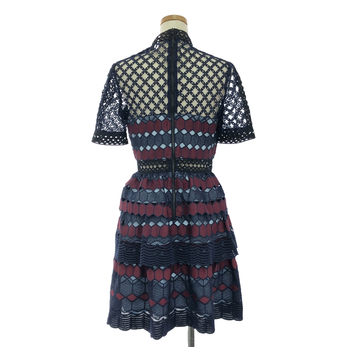 [Good Condition] Self-Portrait | Hexagon Lace Mini Dress | UK8 / US4 | Black/Bordeaux/Navy | Women's