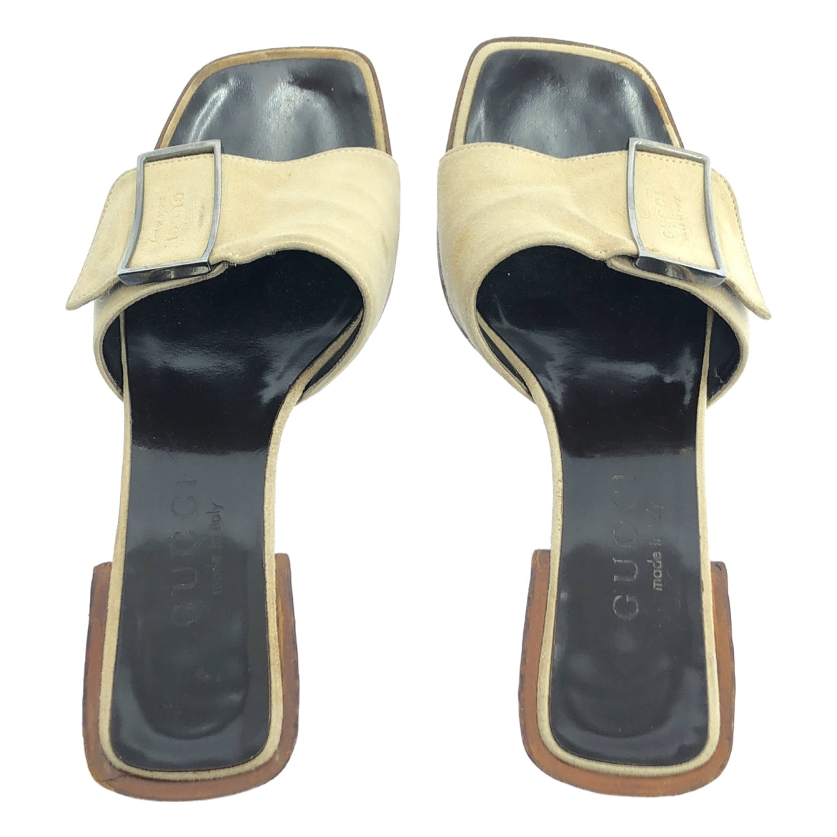 GUCCI / 구찌 | 메탈 버클 스퀘어 투 힐 샌들 | 34 | 베이지 | 여성