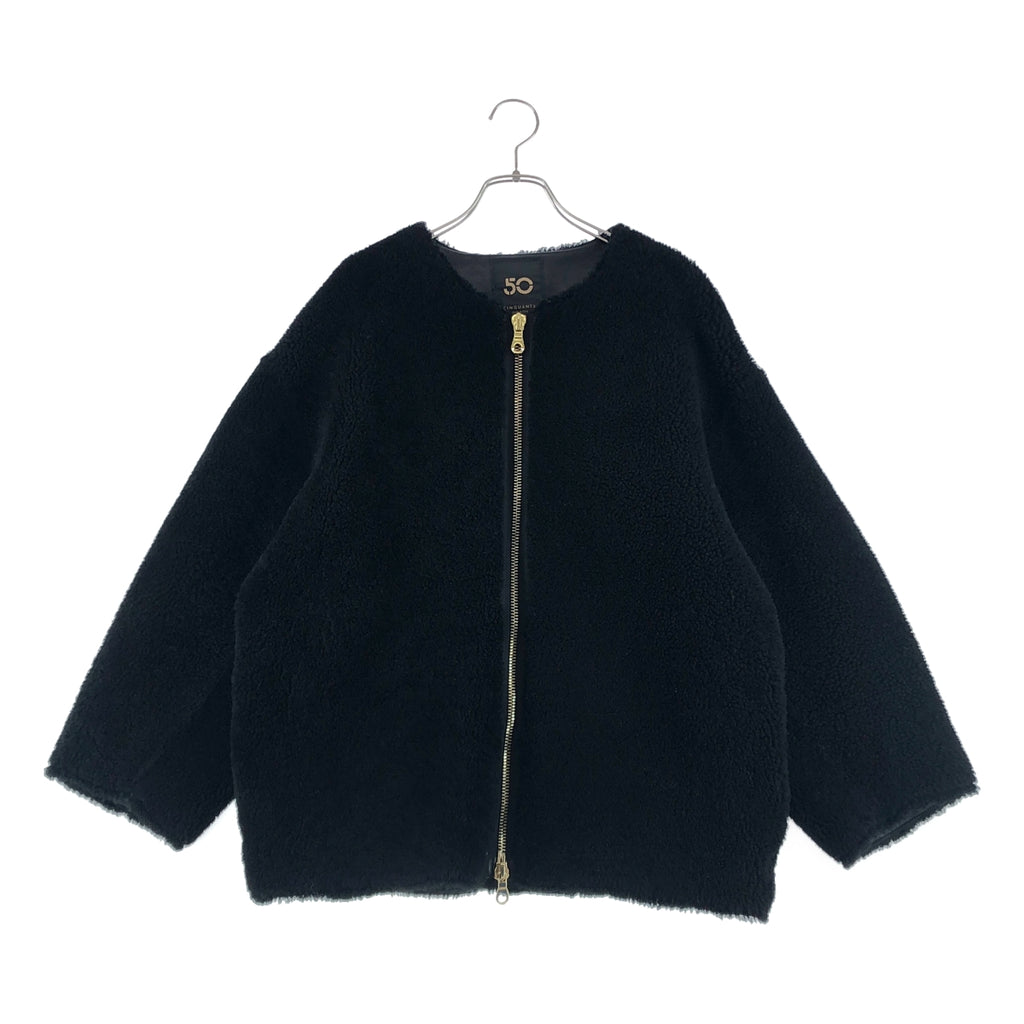 CINQUANTA / チンクワンタ | ムートンレザー ボア ダブルジップ ノーカラー ジャケット / ロゴ総裏地 | 40 | レディース