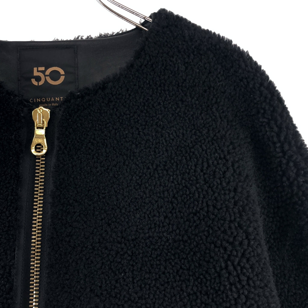 CINQUANTA / チンクワンタ | ムートンレザー ボア ダブルジップ ノーカラー ジャケット / ロゴ総裏地 | 40 | レディース