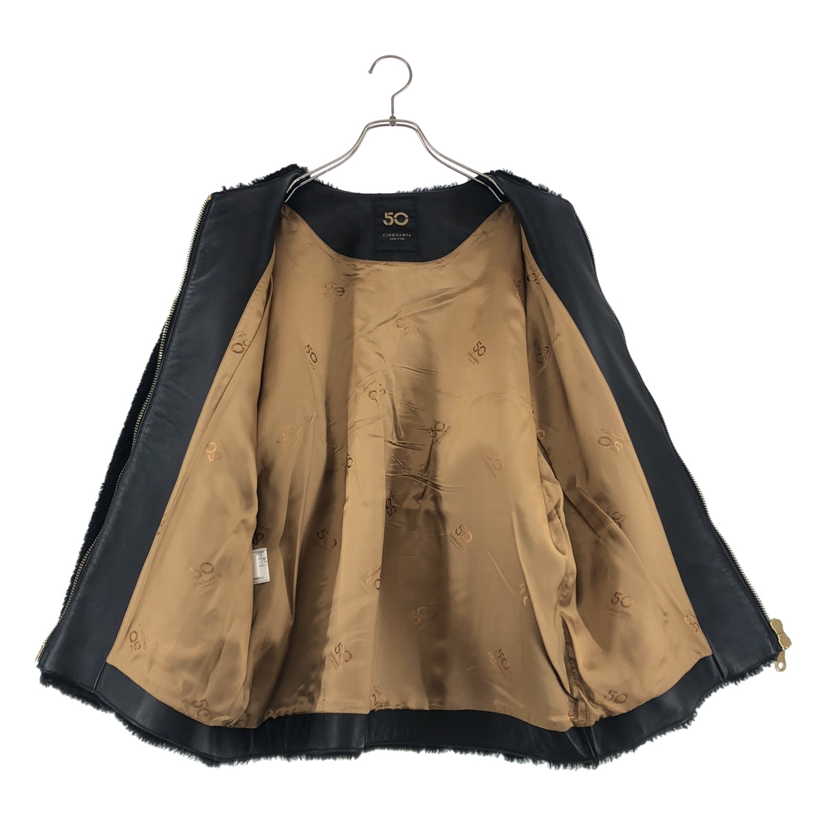 CINQUANTA / チンクワンタ | ムートンレザー ボア ダブルジップ ノーカラー ジャケット / ロゴ総裏地 | 40 | レディース