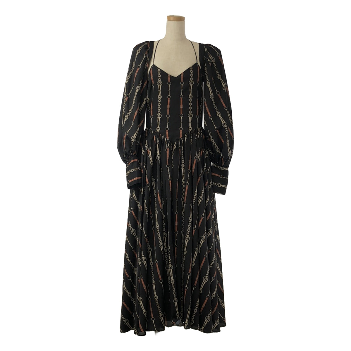 【美品】  Rokh / ロック | ボリュームスリーブ付 チェーン総柄ロングワンピース | 38 | ブラック/ブラウン | レディース