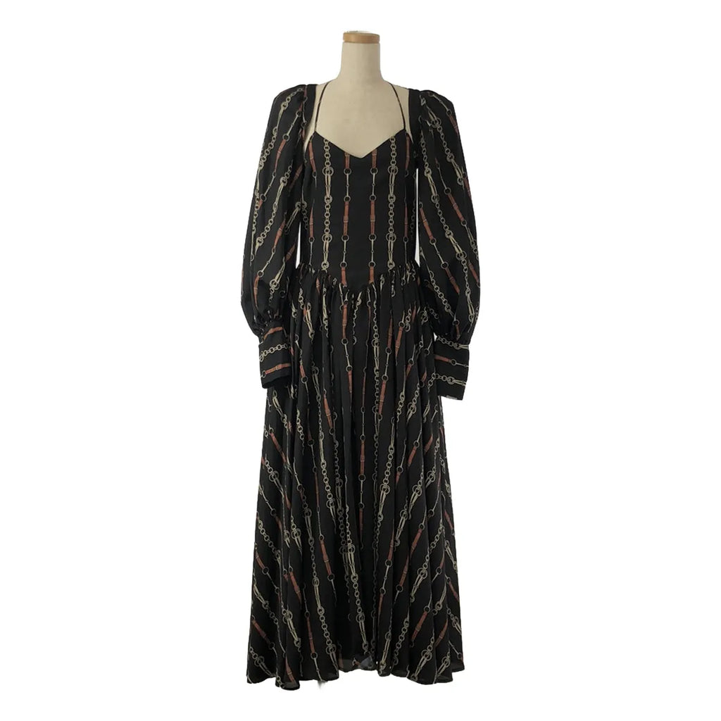 【美品】  Rokh / ロック | ボリュームスリーブ付 チェーン総柄ロングワンピース | 38 | ブラック/ブラウン | レディース