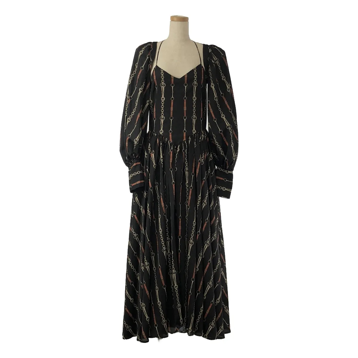 【美品】  Rokh / ロック | ボリュームスリーブ付 チェーン総柄ロングワンピース | 38 | ブラック/ブラウン | レディース