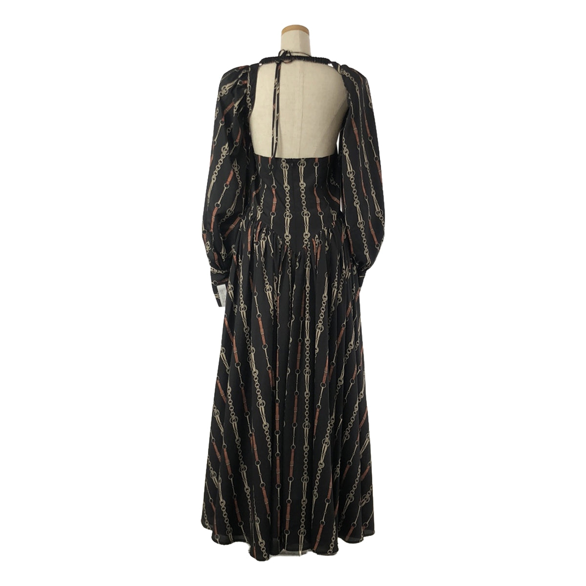 【美品】  Rokh / ロック | ボリュームスリーブ付 チェーン総柄ロングワンピース | 38 | ブラック/ブラウン | レディース