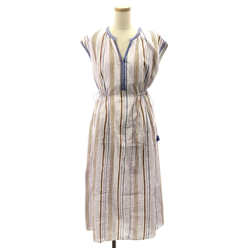 [新品] ne Quittez pas | 2025SS | 棉質巴里紗條紋無袖刺繡洋裝 | S碼 | 紫色/白色/棕色 | 女款