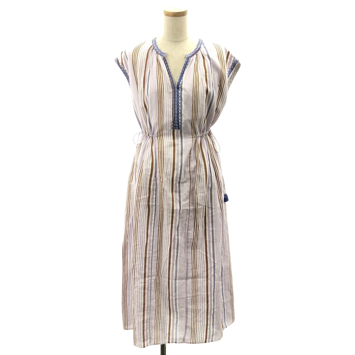 【新品】  ne Quittez pas / ヌキテパ | 2025SS | Cotton Voile Stripe Sleeveless Embroidery Dress コットンボイル ストライプ ノースリーブ ワンピース | S | パープル / ホワイト / ブラウン | レディース