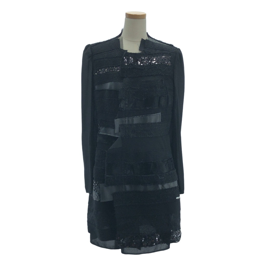 【미품】 JUNYA WATANABE COMME des GARCONS / 준야와타나베 | 2014AW | 폴리 에스테르 다른 소재 전환 가짜 가죽 비쥬 장식 패치 워크 롱 재킷 | M | 블랙 | 여성