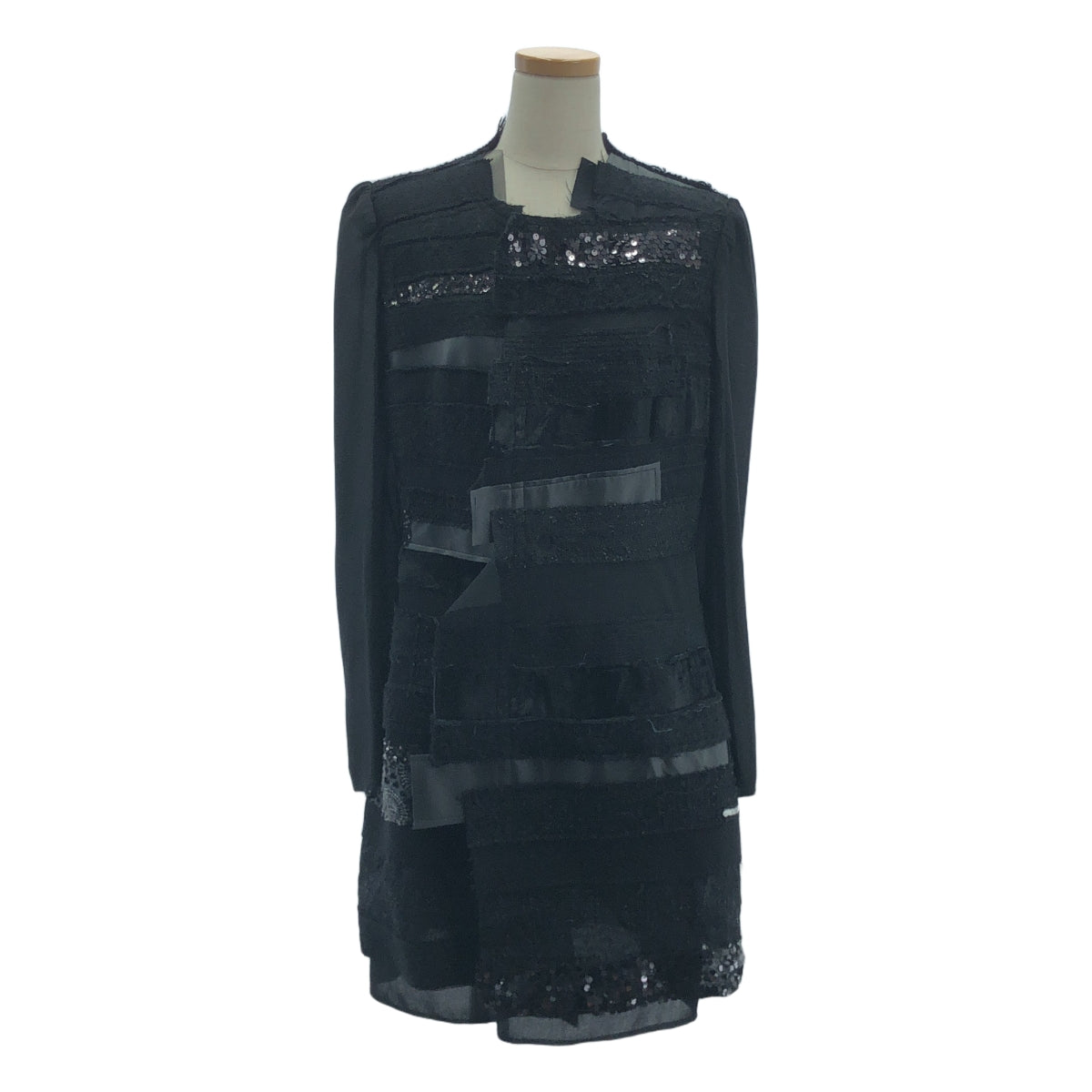 【미품】 JUNYA WATANABE COMME des GARCONS / 준야와타나베 | 2014AW | 폴리 에스테르 다른 소재 전환 가짜 가죽 비쥬 장식 패치 워크 롱 재킷 | M | 블랙 | 여성