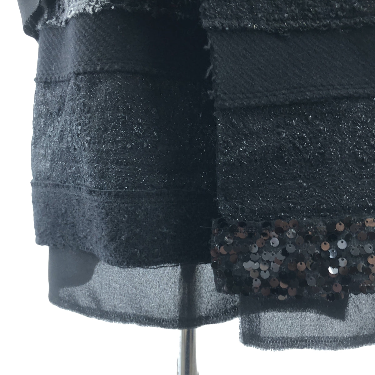 【미품】 JUNYA WATANABE COMME des GARCONS / 준야와타나베 | 2014AW | 폴리 에스테르 다른 소재 전환 가짜 가죽 비쥬 장식 패치 워크 롱 재킷 | M | 블랙 | 여성