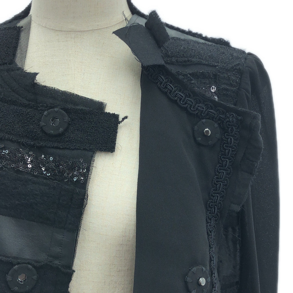 【미품】 JUNYA WATANABE COMME des GARCONS / 준야와타나베 | 2014AW | 폴리 에스테르 다른 소재 전환 가짜 가죽 비쥬 장식 패치 워크 롱 재킷 | M | 블랙 | 여성